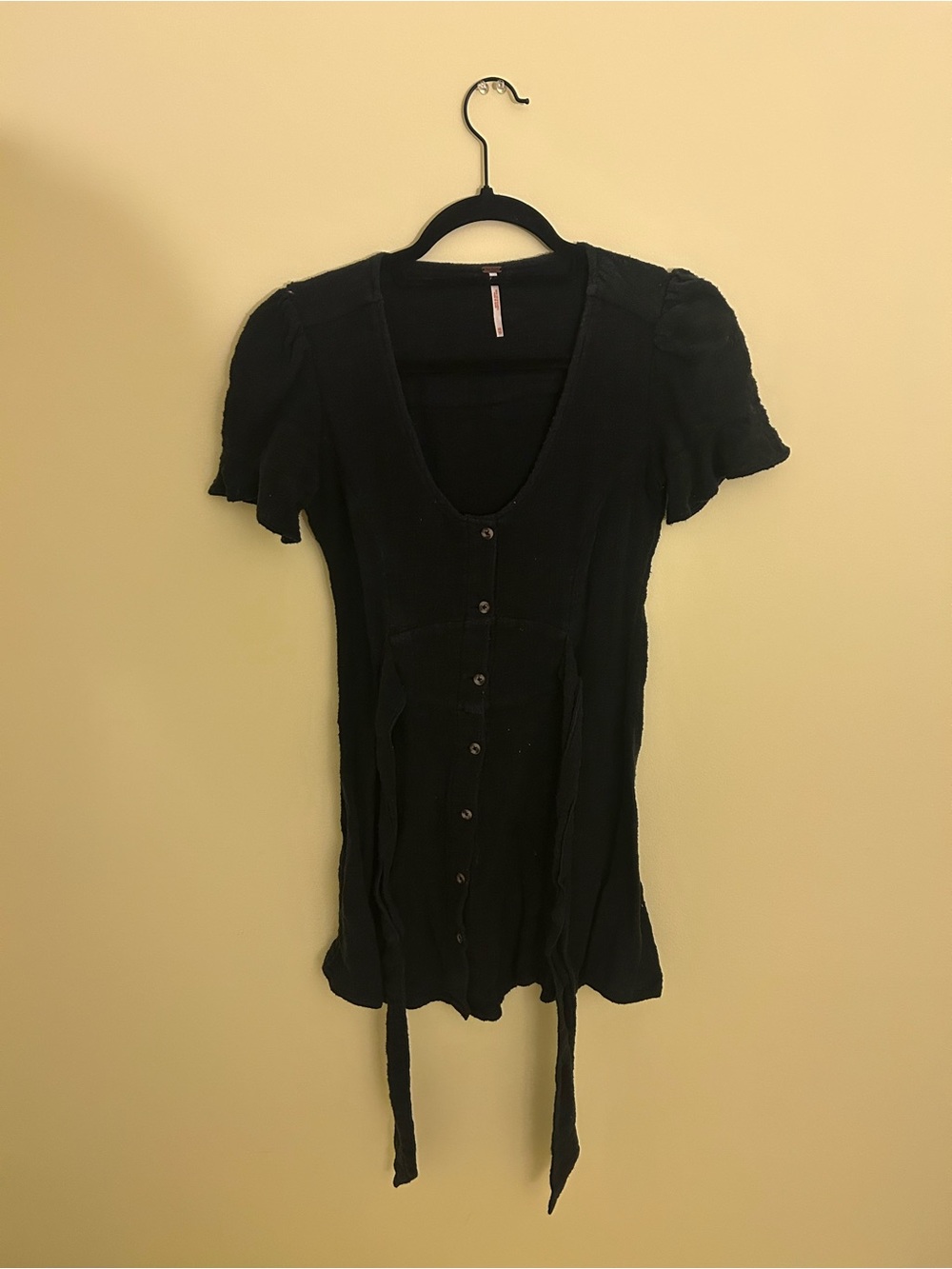 Free People Black Short-Sleeve Button-Down Top with Waist Ties